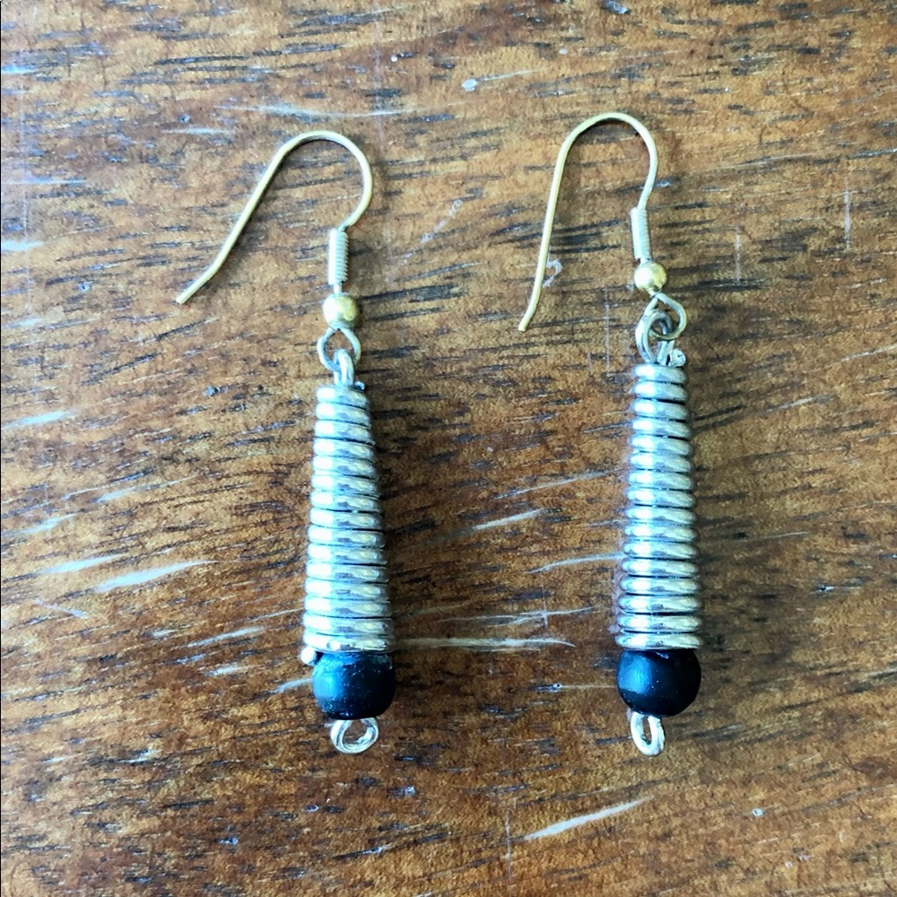 Coiled Silver Tone Drop Earrings with Black Bead at Bottom
